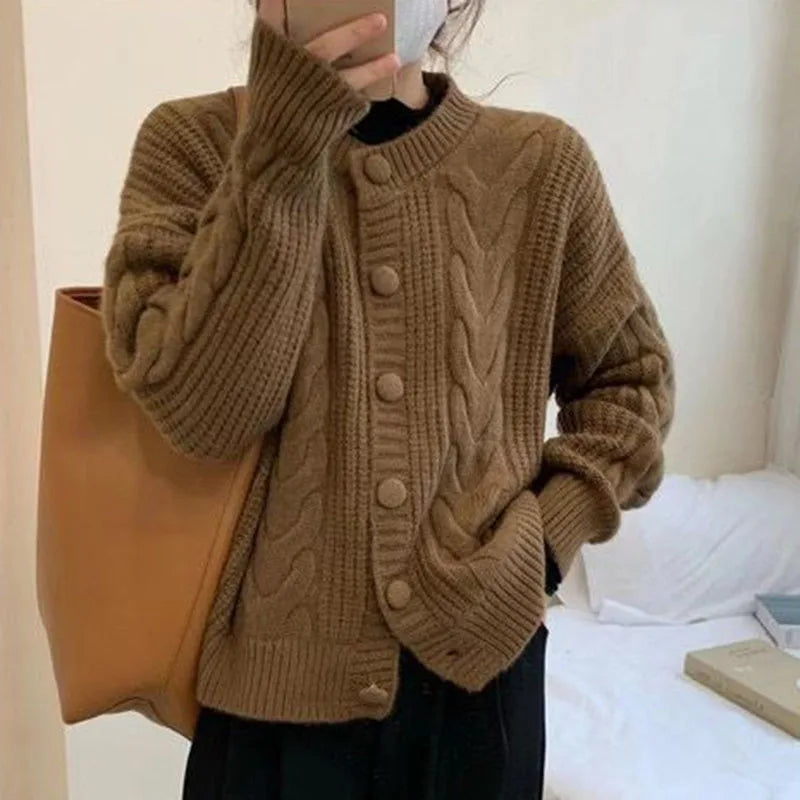 Autumn Twist Knitted Cardigan Womem Winter Thicken Warm O Neck Sweater Jacket Female Solid Button Up Long Sleeve Crop Knitwear