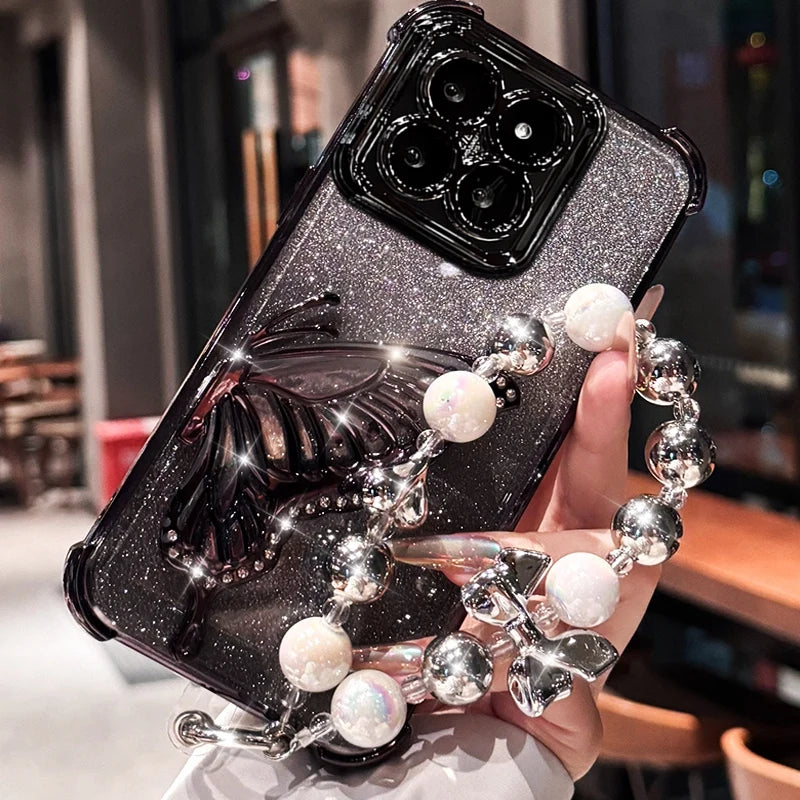 Shockproof Plating Glitter Butterfly Bracket Bracelet Case for Xiaomi 17 Pro Max Xiaomi17 13T 14T 15T Pro 15 Ultra Stand Cover