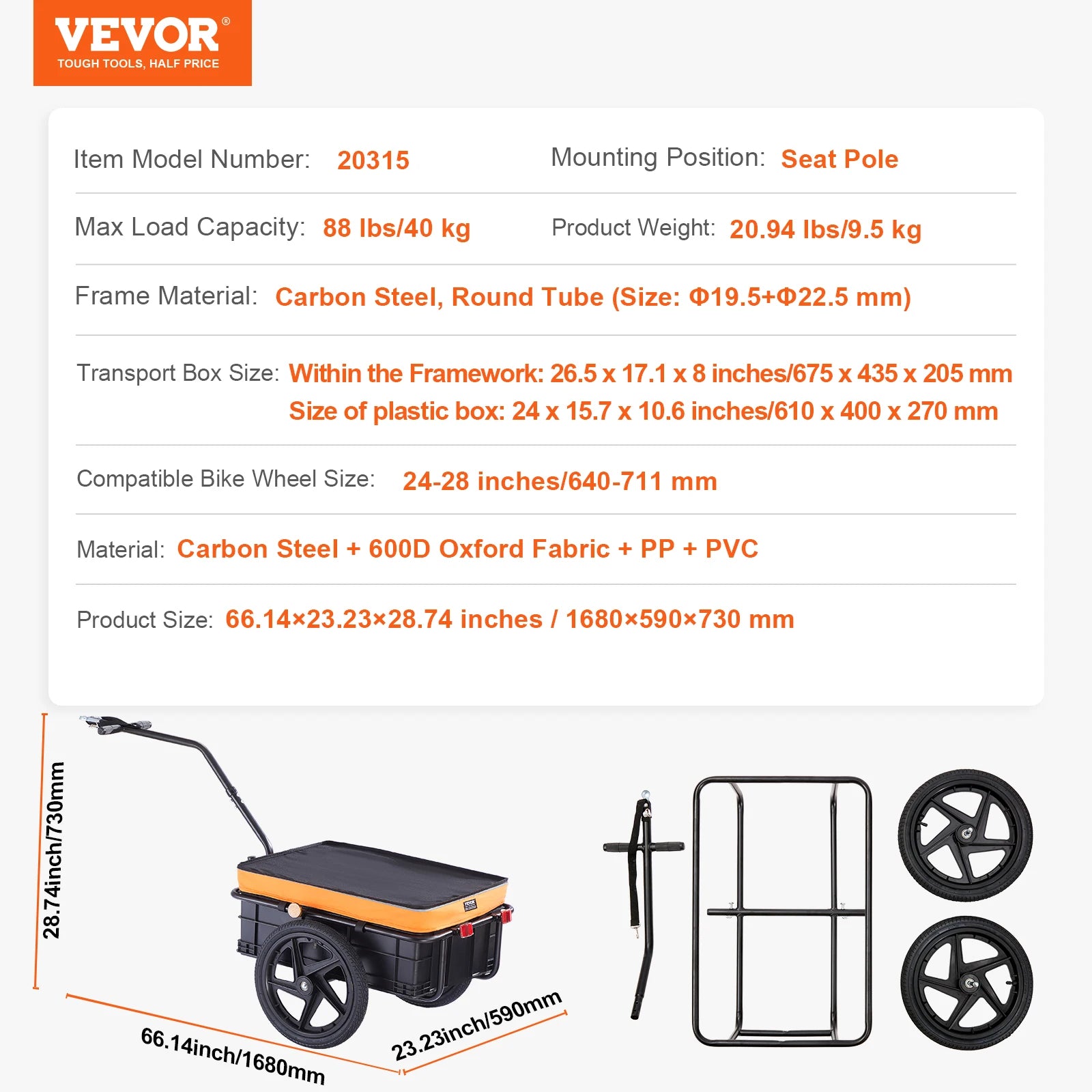 SucceBuy 88Lbs Bike Cargo Trailer Bicycle Wagon Cart Foldable Storage with 16" Wheels & Safe Reflectors Fits 24"-28" Bike Wheels