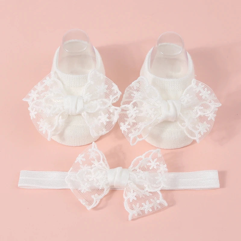Baby Girls Socks Headband Sets Spring Autumn Knit Lace Bow Princess Socks for Party, Wedding, Baby Shower