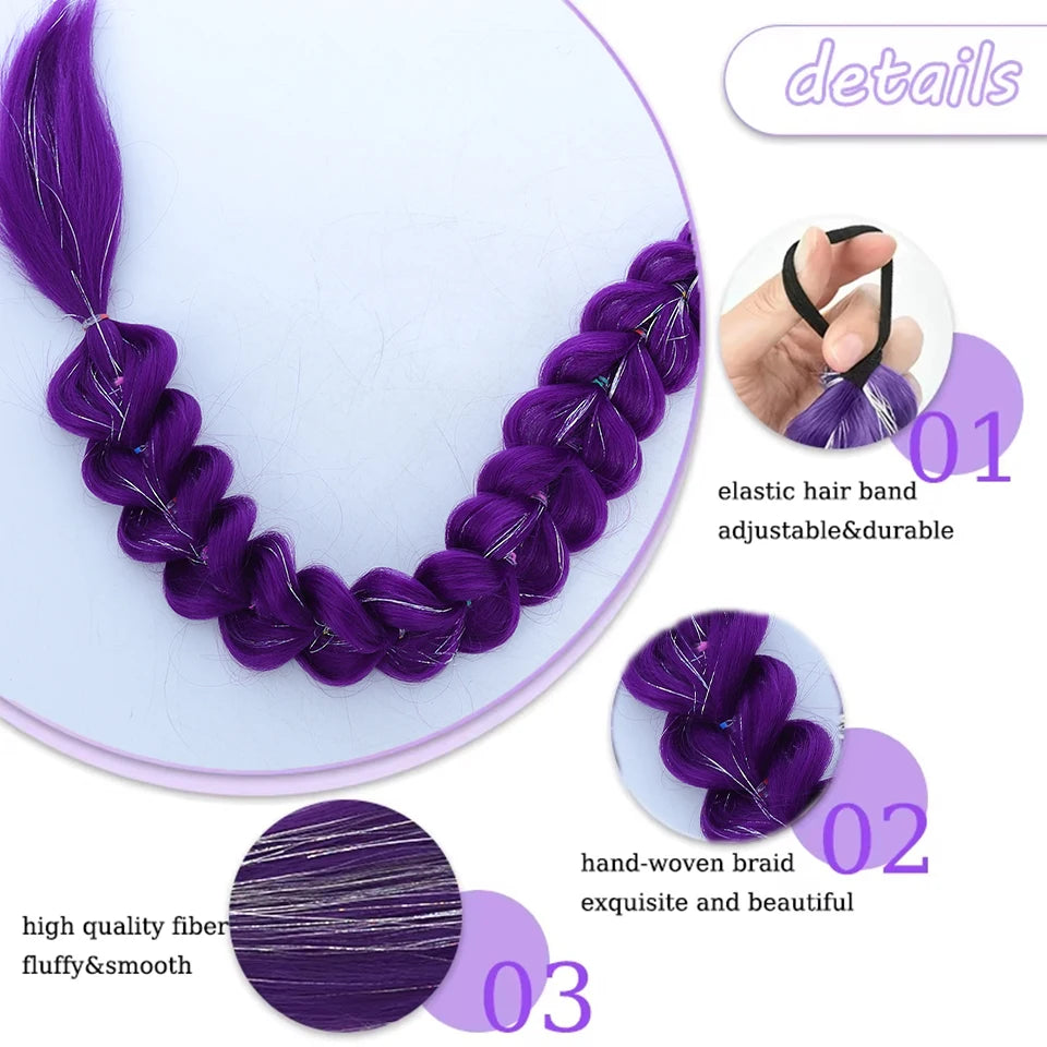 32inch Braided Purple Synthetic Ponytail with Tinsel Hair Wig Super Extensions Shiny Tinsel Hair for Kids Christmas Cosplay Hair