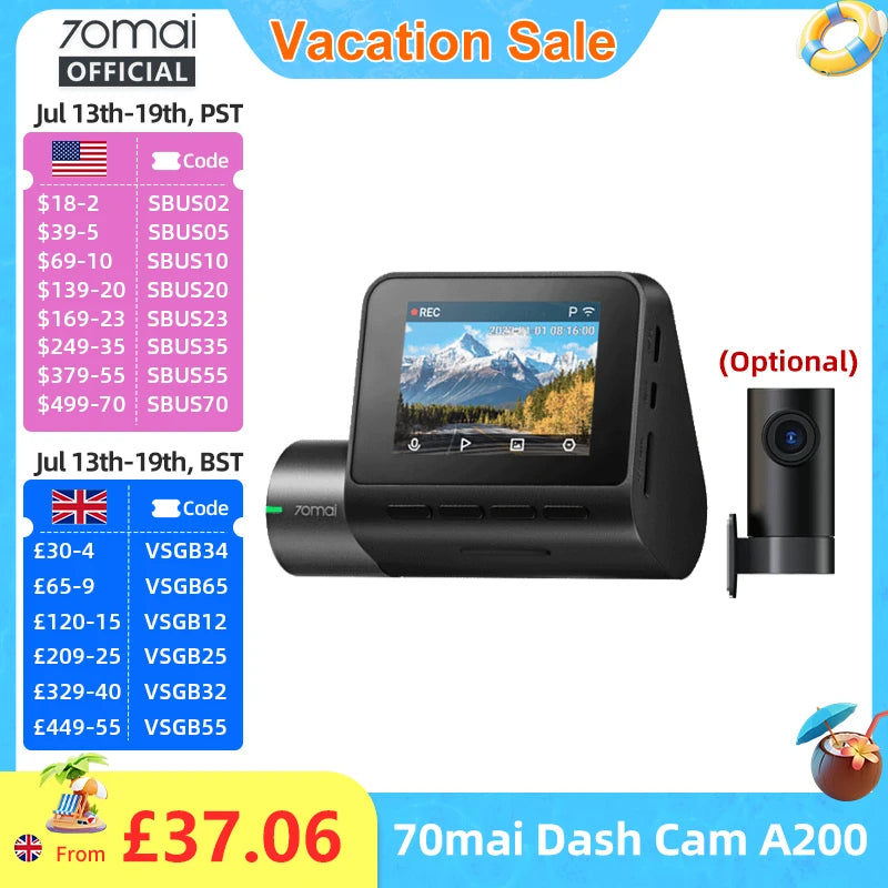 Global 70mai Dash Cam A200 Dual-channel Record 1080P HDR 2'' IPS Screen 24H Parking Monitor Car DVR 70mai A200 WIFI APP 130° FOV
