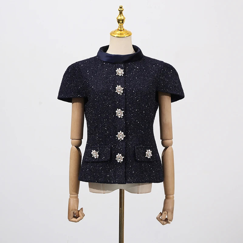 VGH Chic Two Piece Sets for Women Stand Collar Short Sleeves Spliced Pocket Tweed Top High Waist Maxi Skirts Vintage Suit Female
