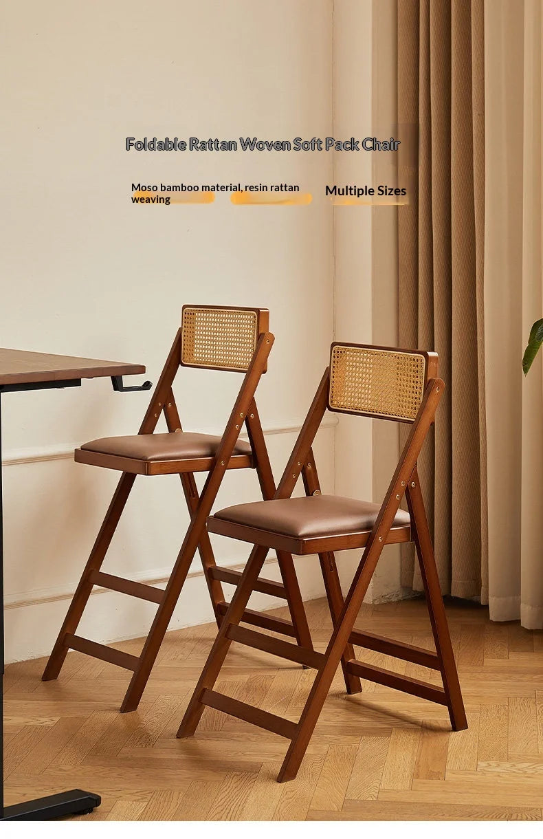 Foldable Wooden Bar Stool High Counter Stool Rattan Back Modern Minimalist Kitchen Island Breakfast Bar Dining Room Furniture