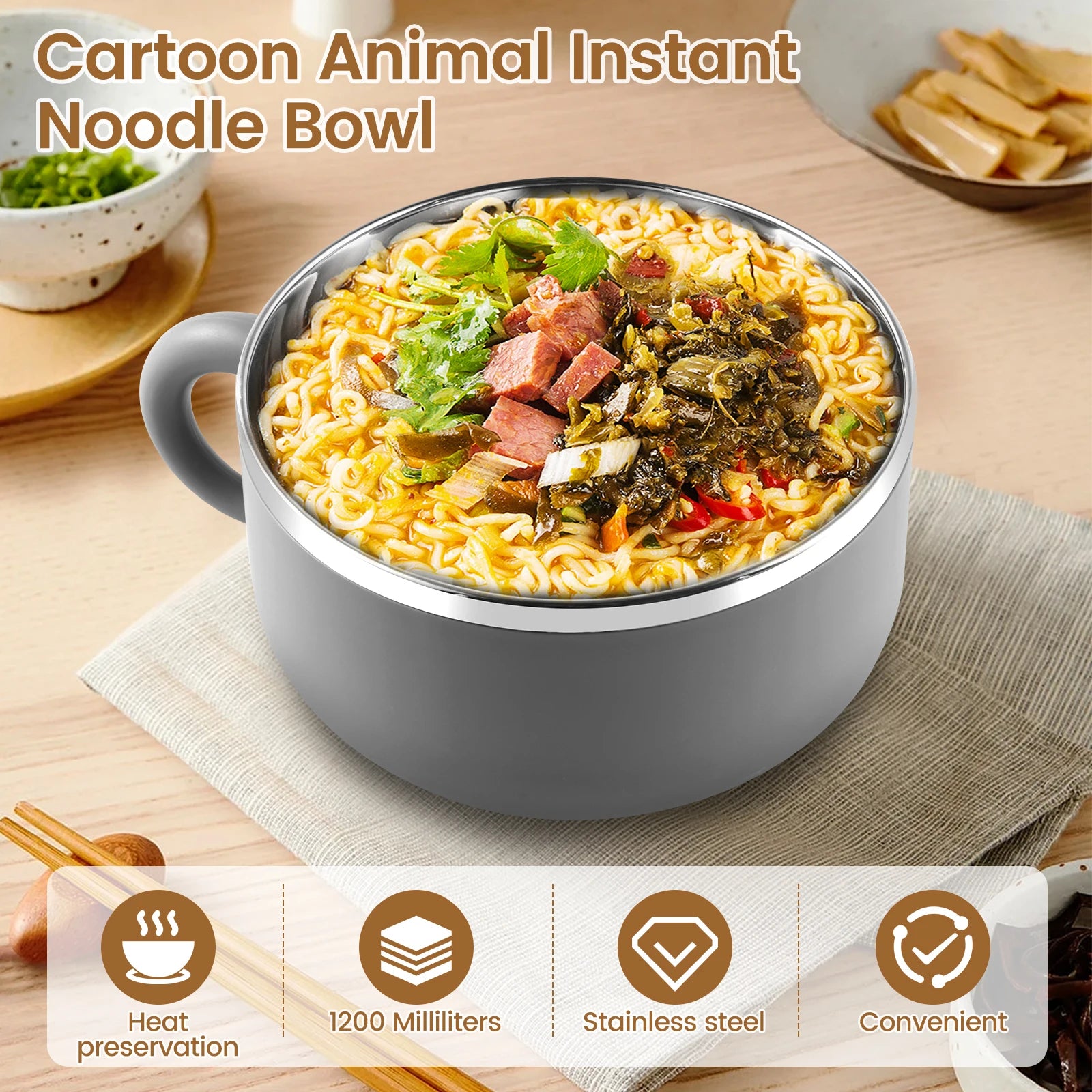 1200ml Ramen Bowl Insulated Bowls Stainless Steel Ramen Bowls With Lid Fruit Salad Rice Soup Bowl Students Large Lunch Box