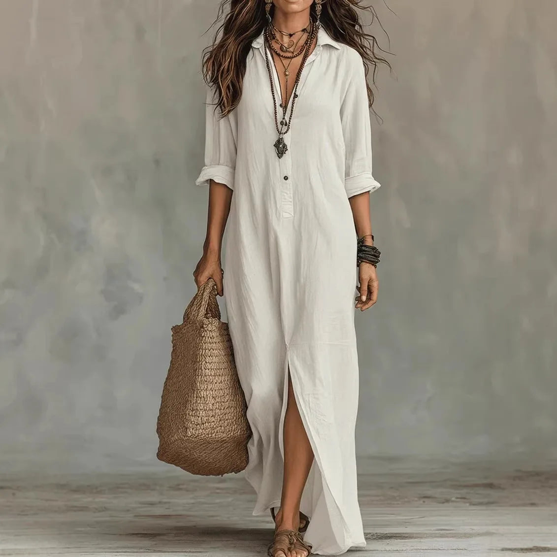 Casual Long Sleeve Loose Maxi Dress Women 2026 Summer Solid Color Turn-down Collar Beach Long Dresses Elegant Vestidos