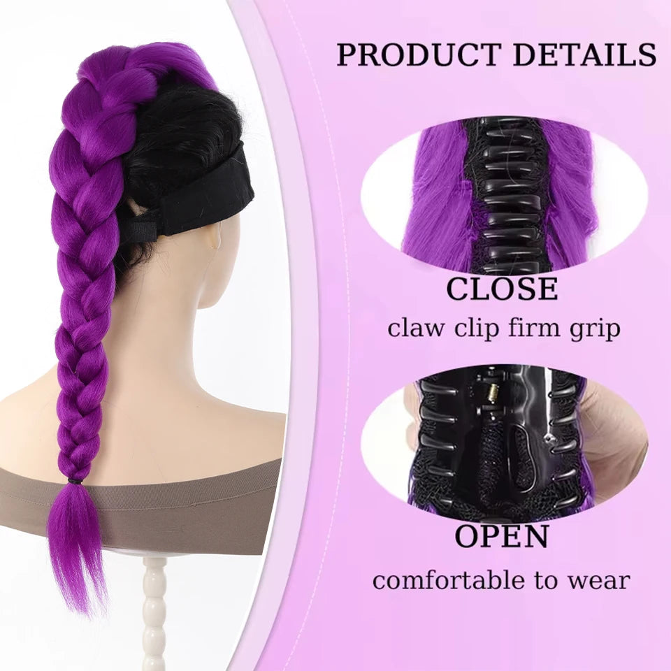 28inch Synthetic Hair Long Braided Purple Hair Ponytail Extensions Rumi Hairstyle Claw Clip Hair Wig for Kids for Chritmas Party