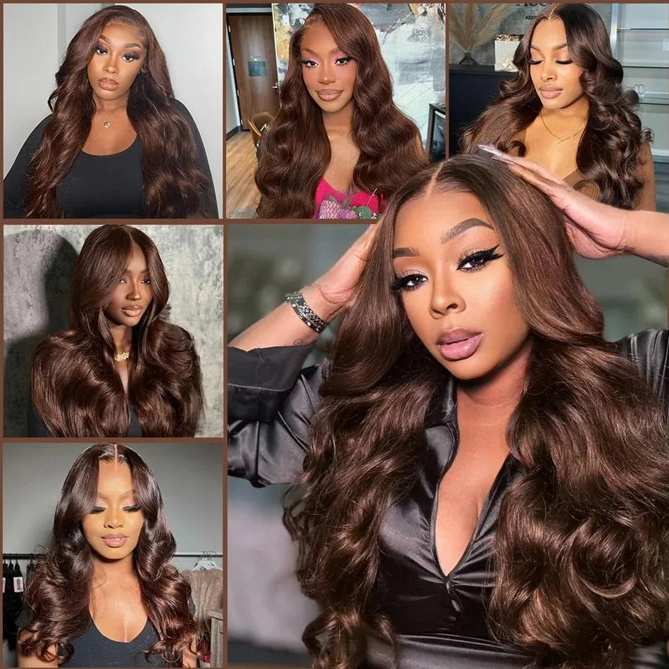 Body Wave Chocolate Brown Lace Front Wigs Human Hair Pre Plucked Brazilian Brown Virgin Hair Glueless HD Frontal Wig For Women