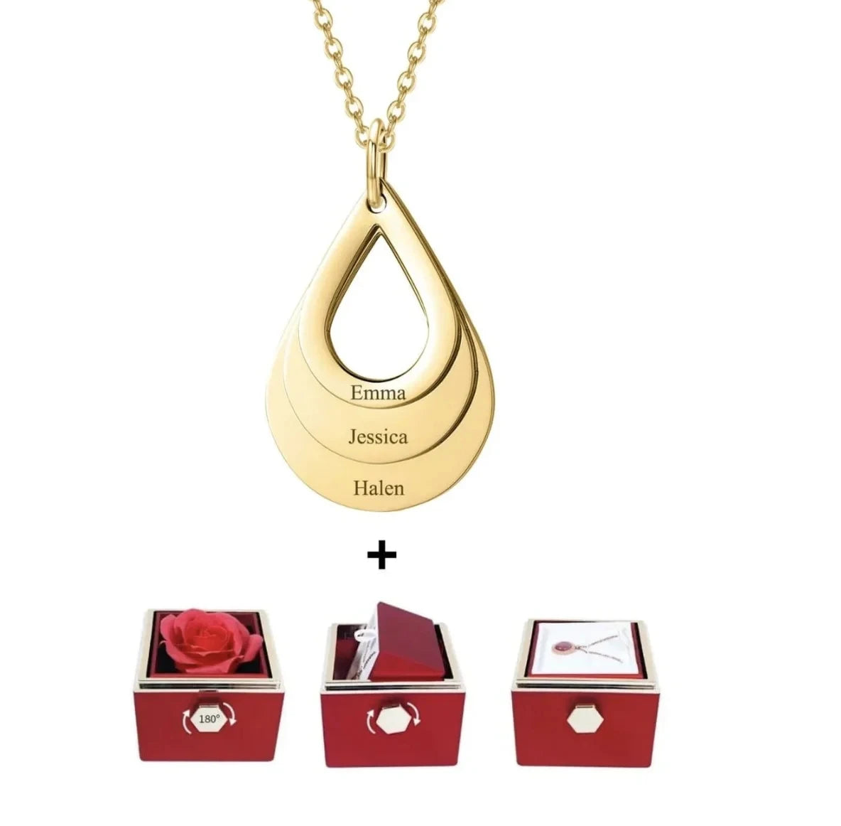 Personalized Water Drop Necklace With Rotating Rose Box Custom Family Names Heart Charms Waterdrop Pendants Gift for Women Mom