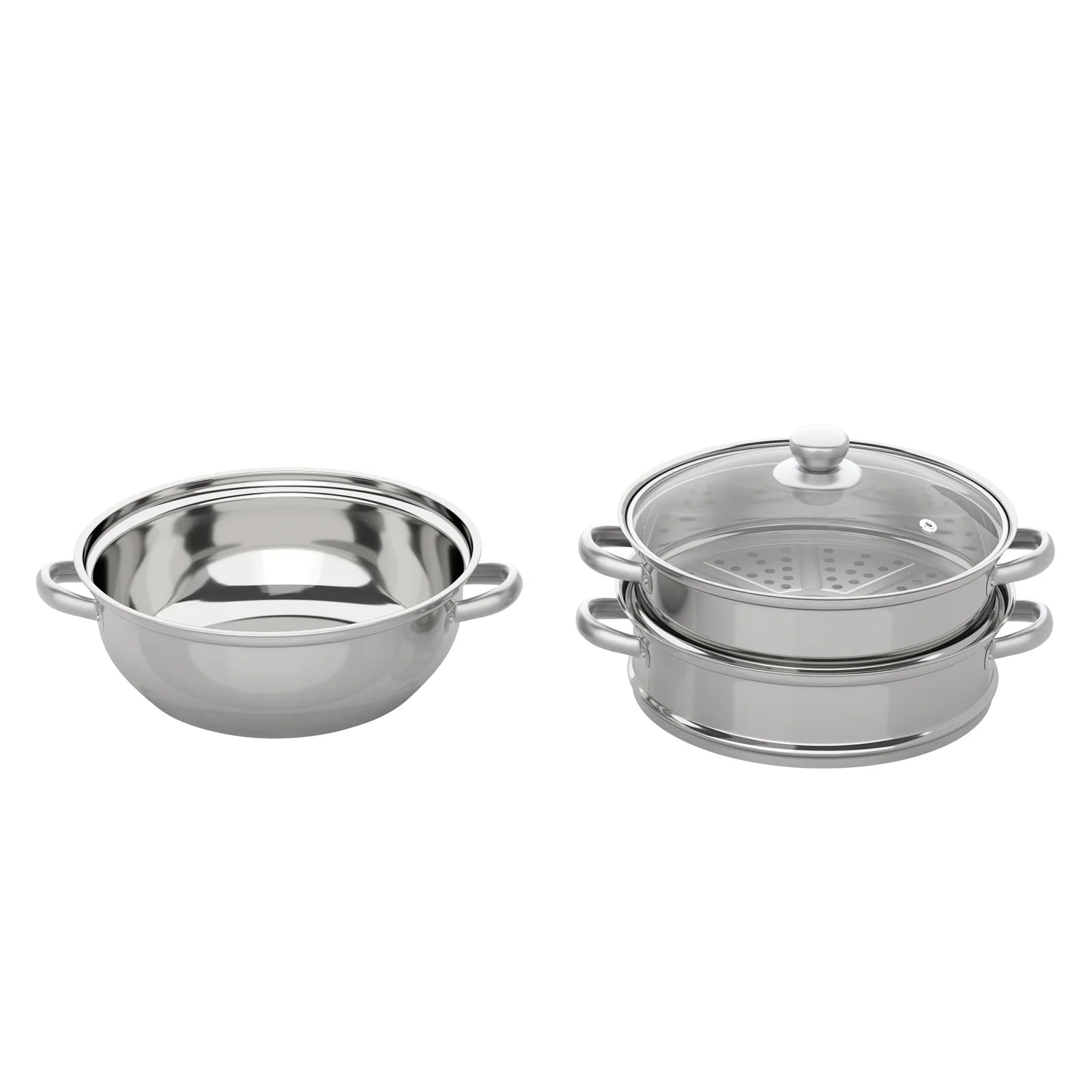 3 Tiers Stainless Steel Steamer 28cm Overlapping Steaming Pot Cookware Kitchen Soup Steamer Cooker Set Silver with Glass Lid