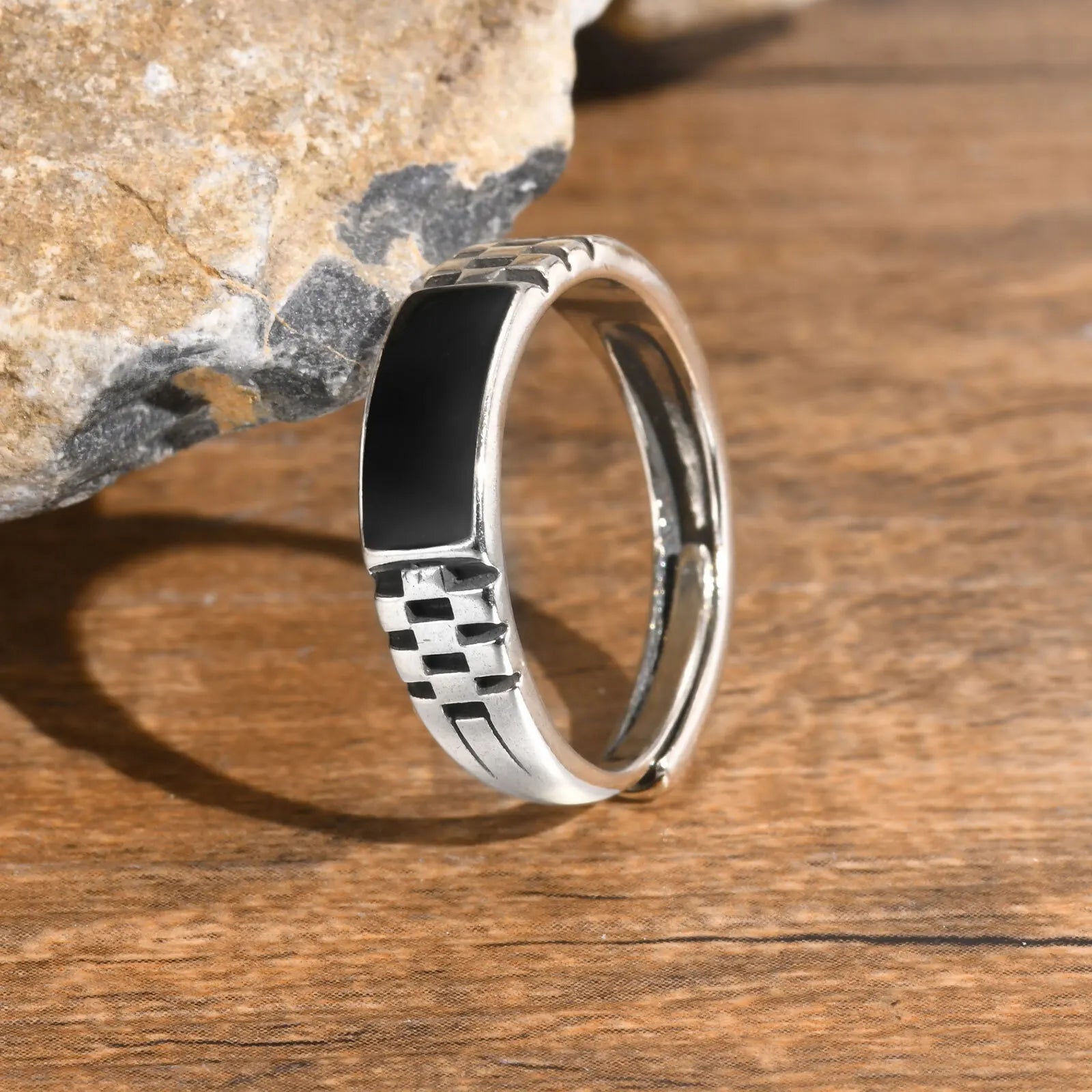 Vnox Mens Open Rings, Black Enamel Signet Ring, Watch Band Grooved Finger Band, Adjustable Jewelry