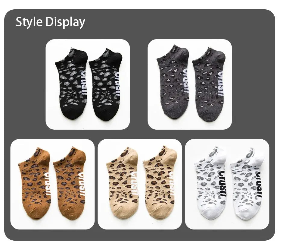 5 Pairs of Women's Seasonal Fashionable and Trendy Leopard Print Cotton Sweat-absorbing and Comfortable Sports Low Top Socks