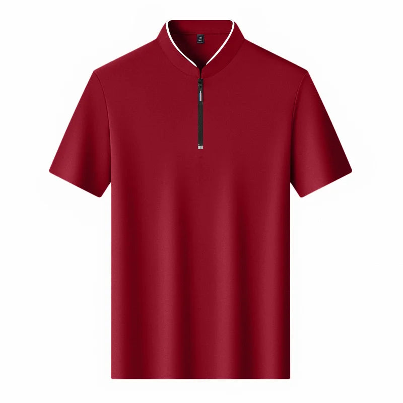 2025 New Men's Casual Fashion Zipper Solid Color Short Sleeved Polo Shirt Stand Up Collar Versatile Comfortable Top