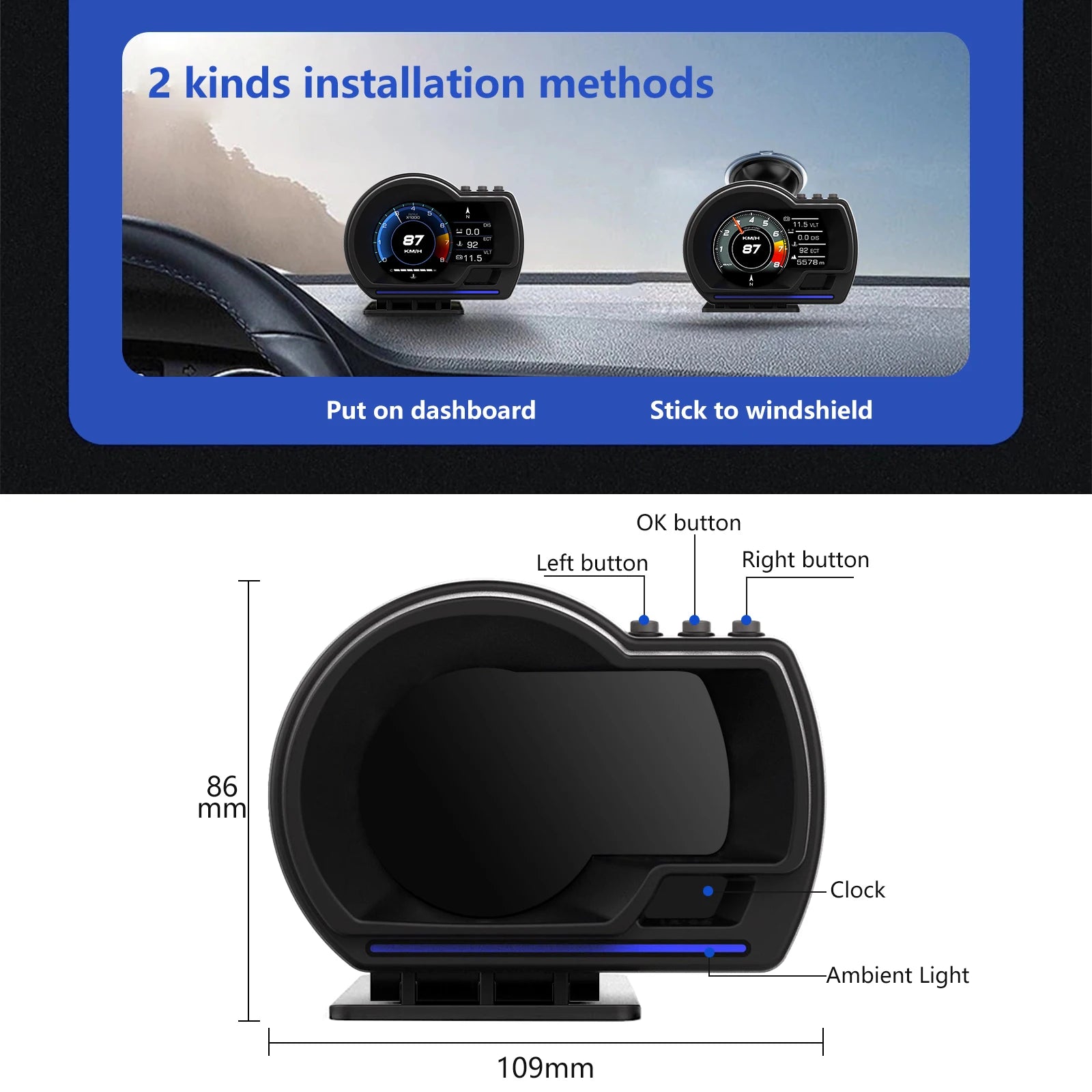 Head Up Display OBD2+GPS Smart Gauge Car HUD Speedometer Turbo RPM Alarm for Car Truck