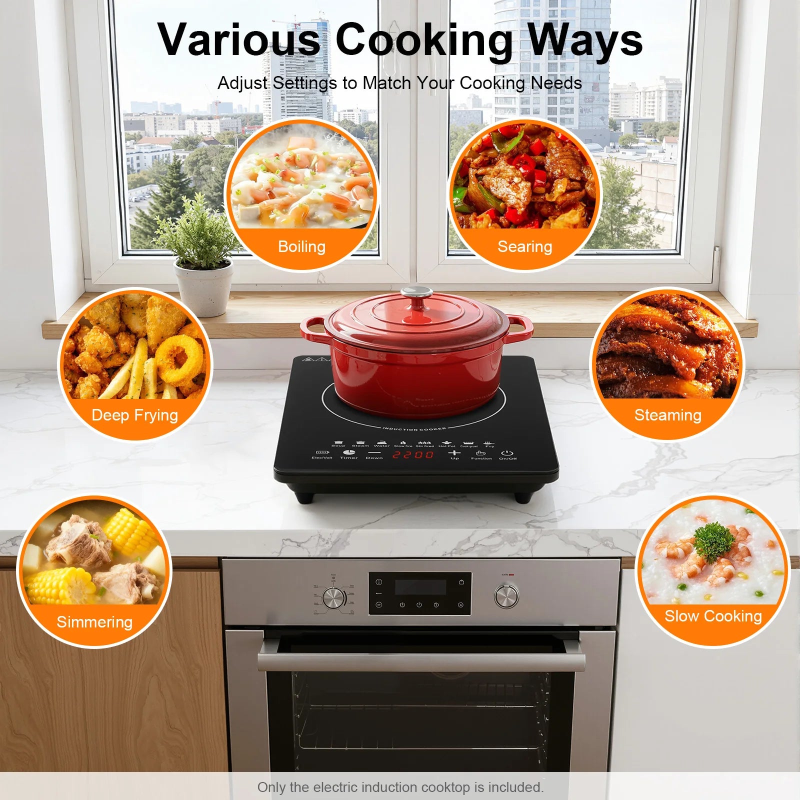 750W Electric Induction Cooker Glass PP Body 8 Presets Temp Adjustable for Dorm RV Home Restaurant & Hot Pot Use