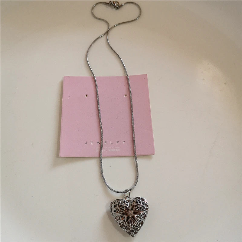 Goth Y2k Aesthetic Heart Locket Pendant Open Female Silver Color Stainless Steel Photo Frame Charm Necklace Women EMO Jewelry