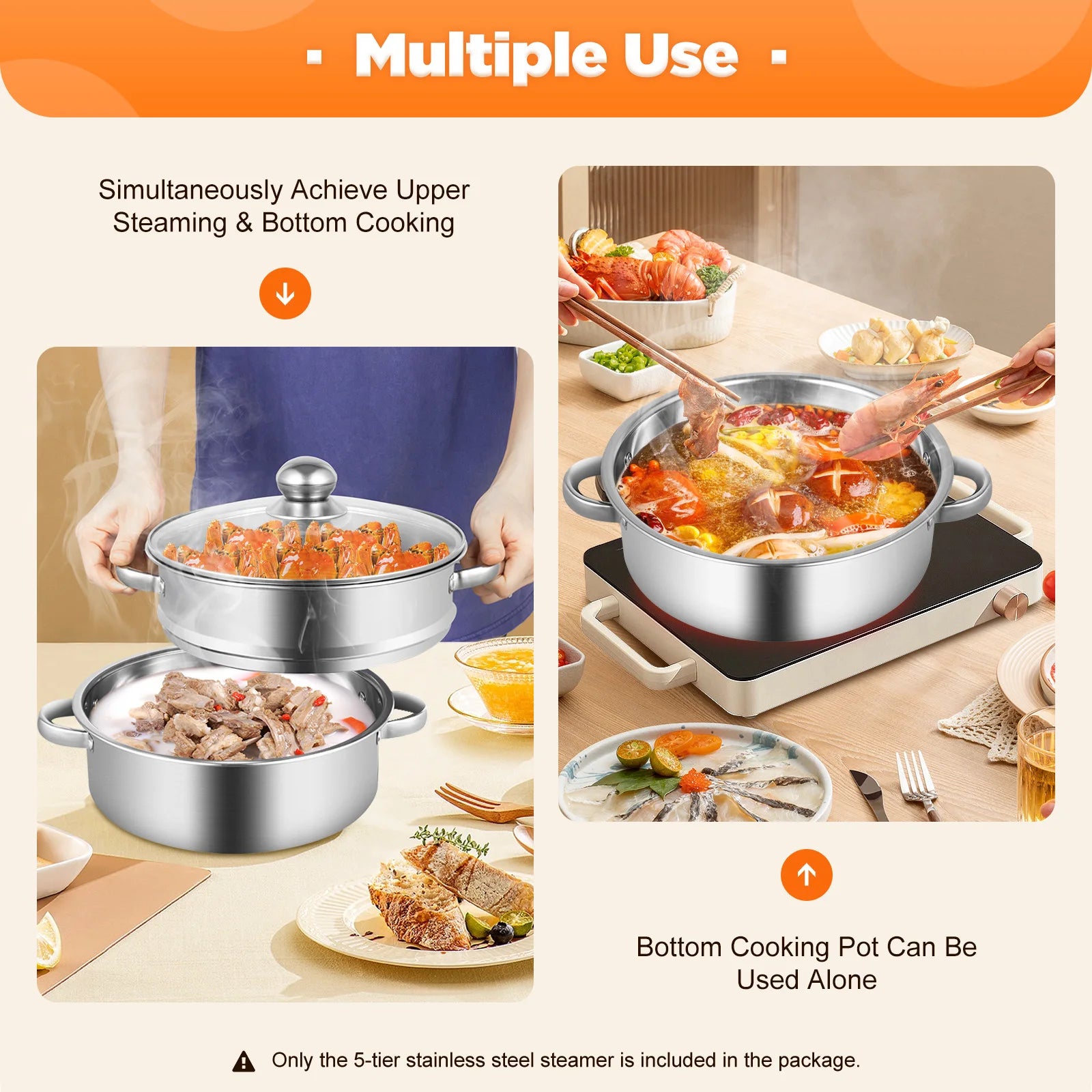 5-Layer Steamer 26cm/28cm/30cm Steam Cooker 304 Food-Grade Stainless Steel 4 Steaming Grids and 1 Cooking Pot W/ Glass Lid
