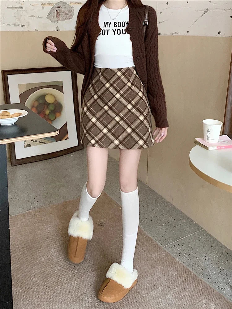 ITOOLIN Womem Vintage Plaid Tweed A-line Skirt Casual High Waist Mini Skirt Women Preppy Style Bodycon Skirts Spring Summer 2026