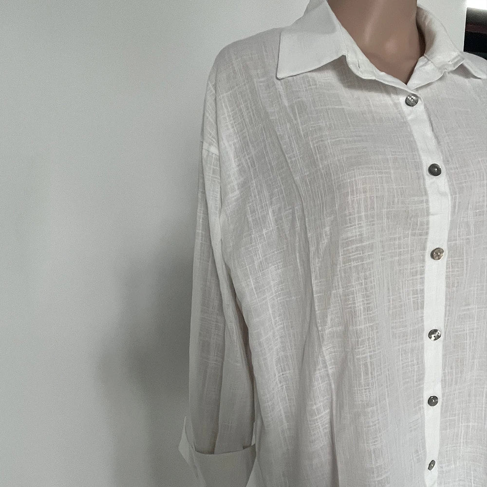 Ammug White Women's Shirt Long Sleeve Elegant Solid Blouse Woman Vintage Summer Loose Shirts for Women Basic Top Collar