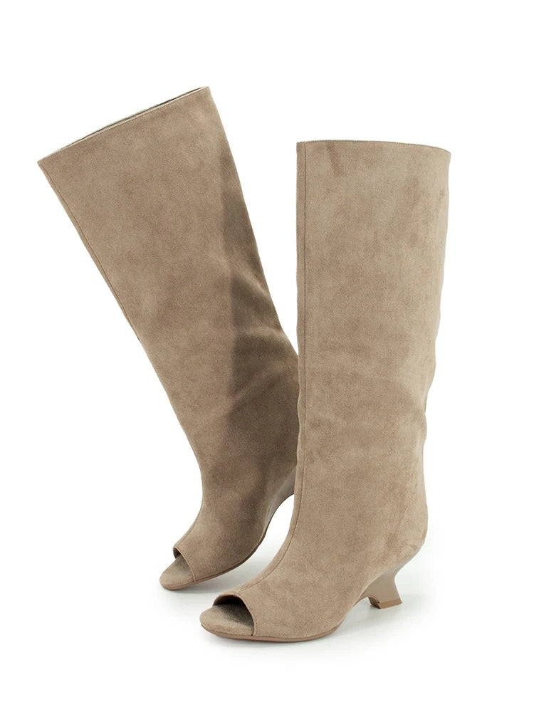 GMQM 2025 New Women’s Slouchy Knee High Boots Open Toe Wedge Heel Wide Calf Pull On For Winter Fall Fashion Casual Dress Tall