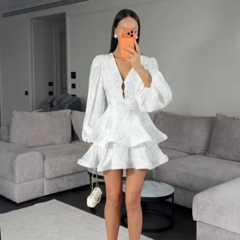 Women Floral Print Mini Dress V-neck Balloon Sleeve Keyhole Detail Tiered Ruffle Hem Dresses 2026 New Summer Holiday Party Gowns