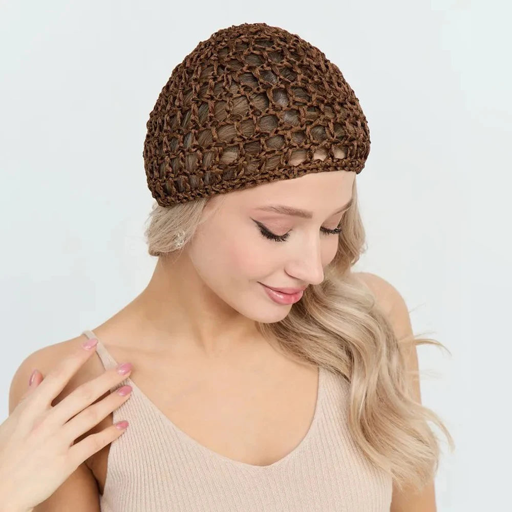 Womens Handmade Mesh Hat Crochet Wig Cap Fashion Solid Color Hair Care Bonnet