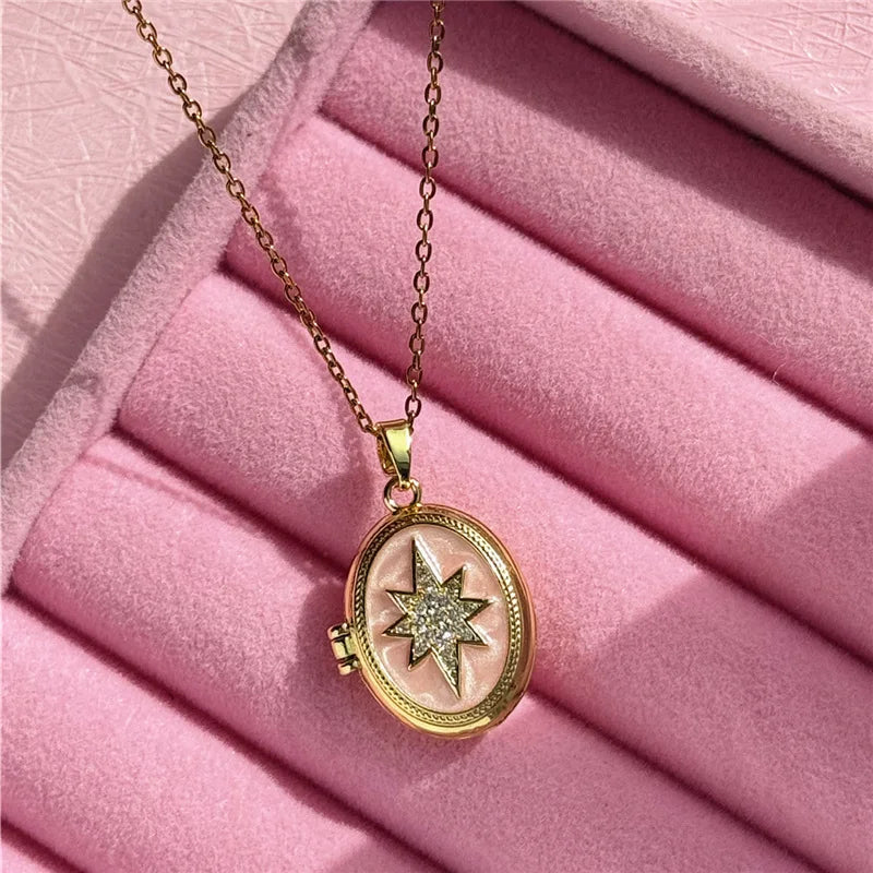HangZhi Enamel Romantic Pink White Pearl Flower Oval Photo Frame Locket Necklace Vintage Keepsake Jewelry Gift for Women