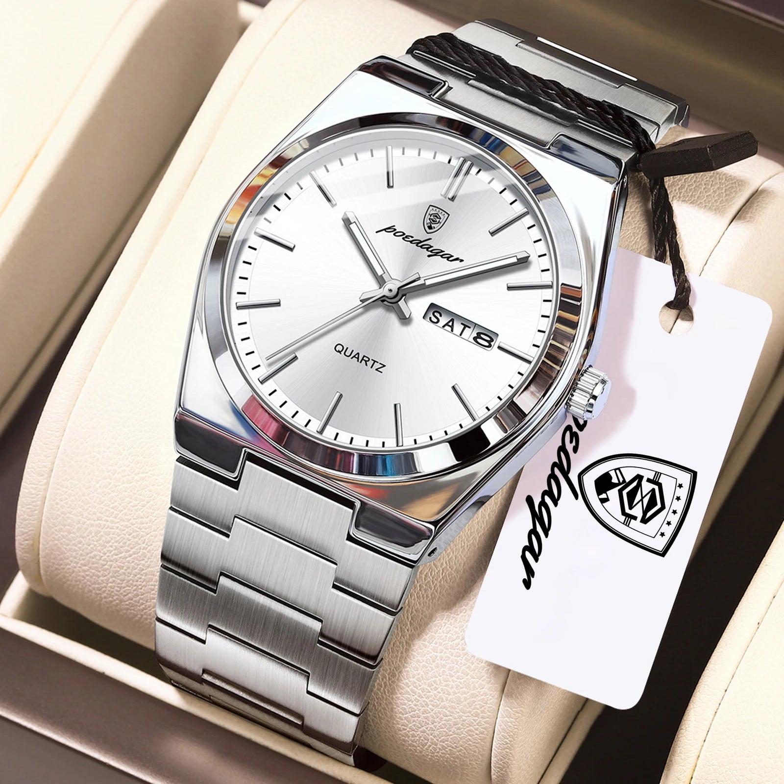 POEDAGAR Luxury Men's Watches Luminous Waterproof Stainless Steel Casual Men Clock Date Week Quartz Fashion Man Wristwatch Reloj