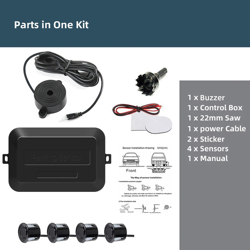 Hippcron 4 Sensors Buzzer 22mm Car Parking Sensor Kit Reverse Backup Radar Sound Alert Indicator Probe System 12V Black White