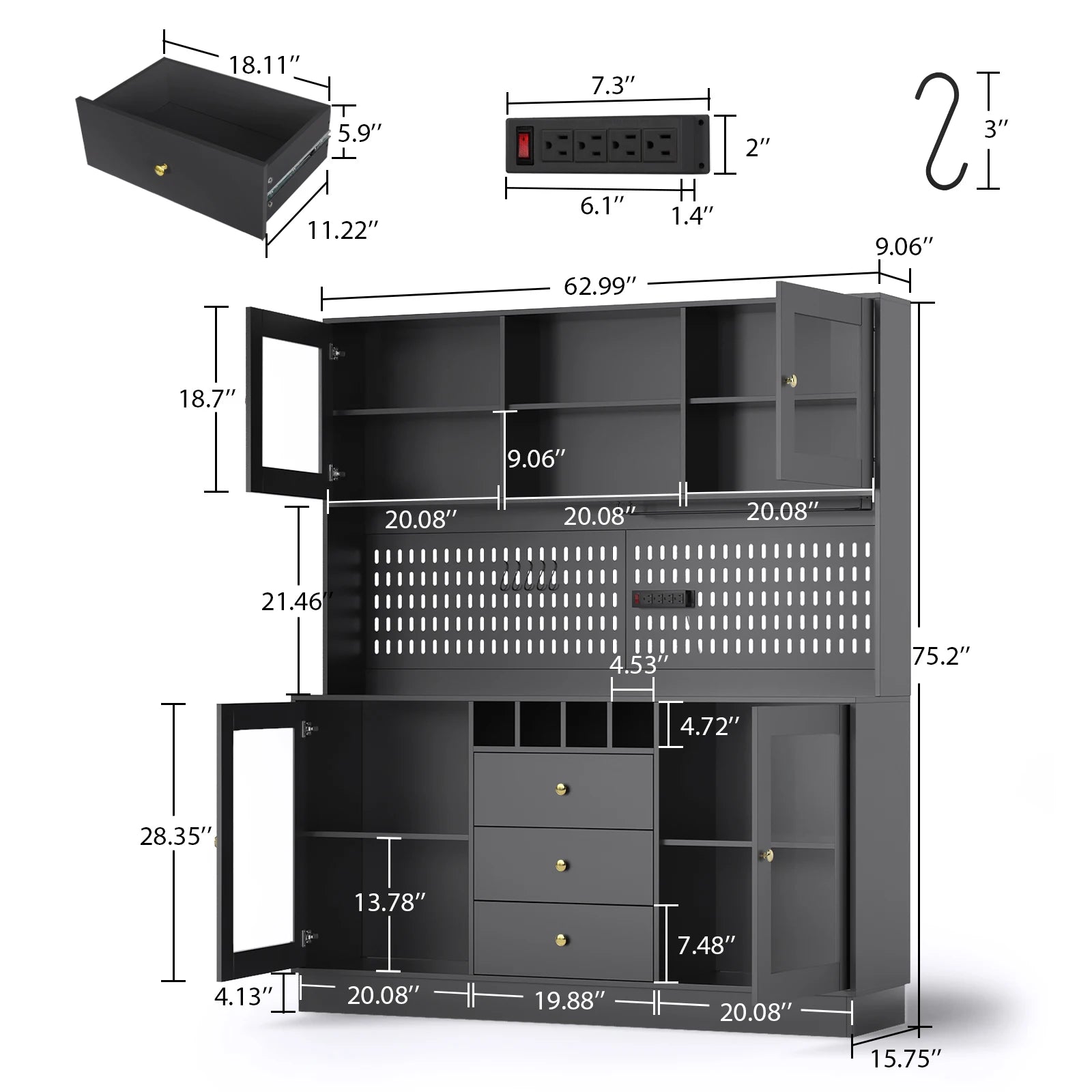 Pantry Cabinet, Kitchen Storage Cabinet, Freestanding Buffet Hutch with Pegboard, Cup Holder, Power Outlet, Black
