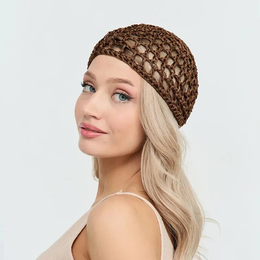 Womens Handmade Mesh Hat Crochet Wig Cap Fashion Solid Color Hair Care Bonnet