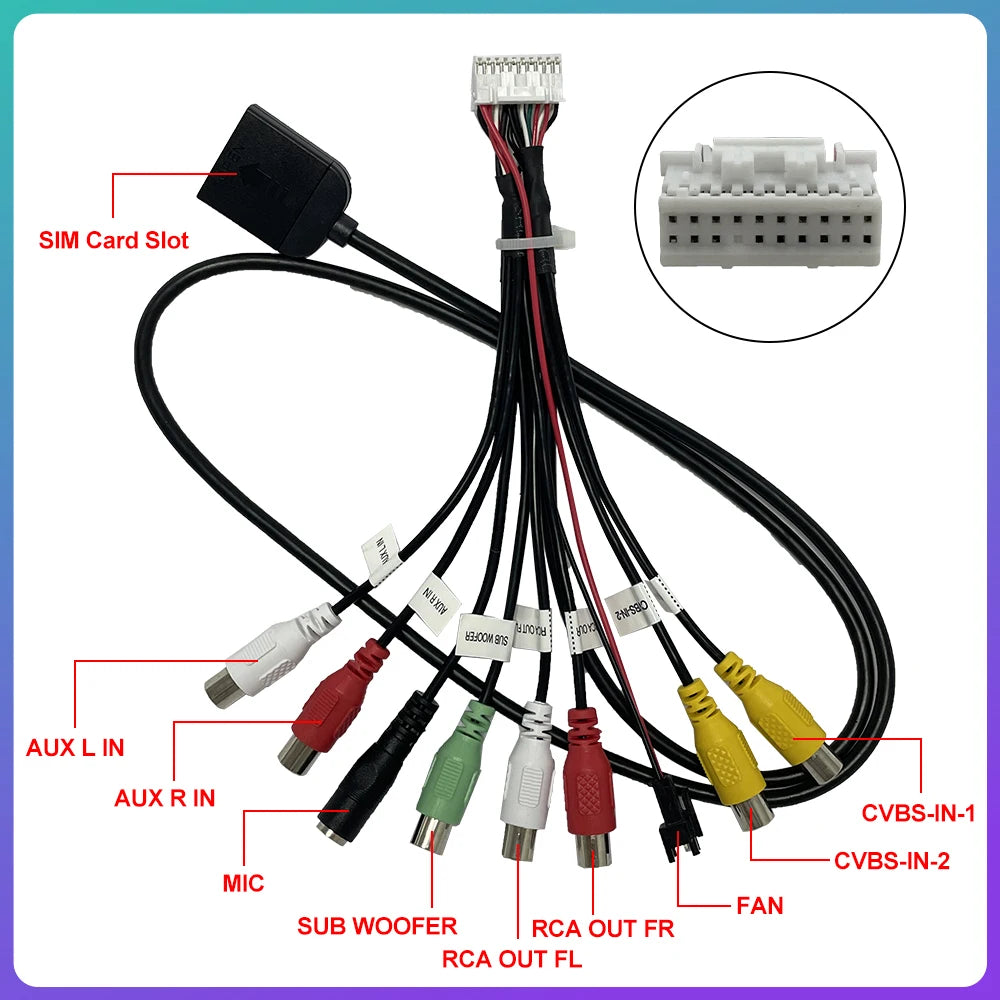 Android Radio Car Accessories RCA Output Wire 20 Pin Aux-in Subwoofer Microphone Fan Adaptor Universal Cable