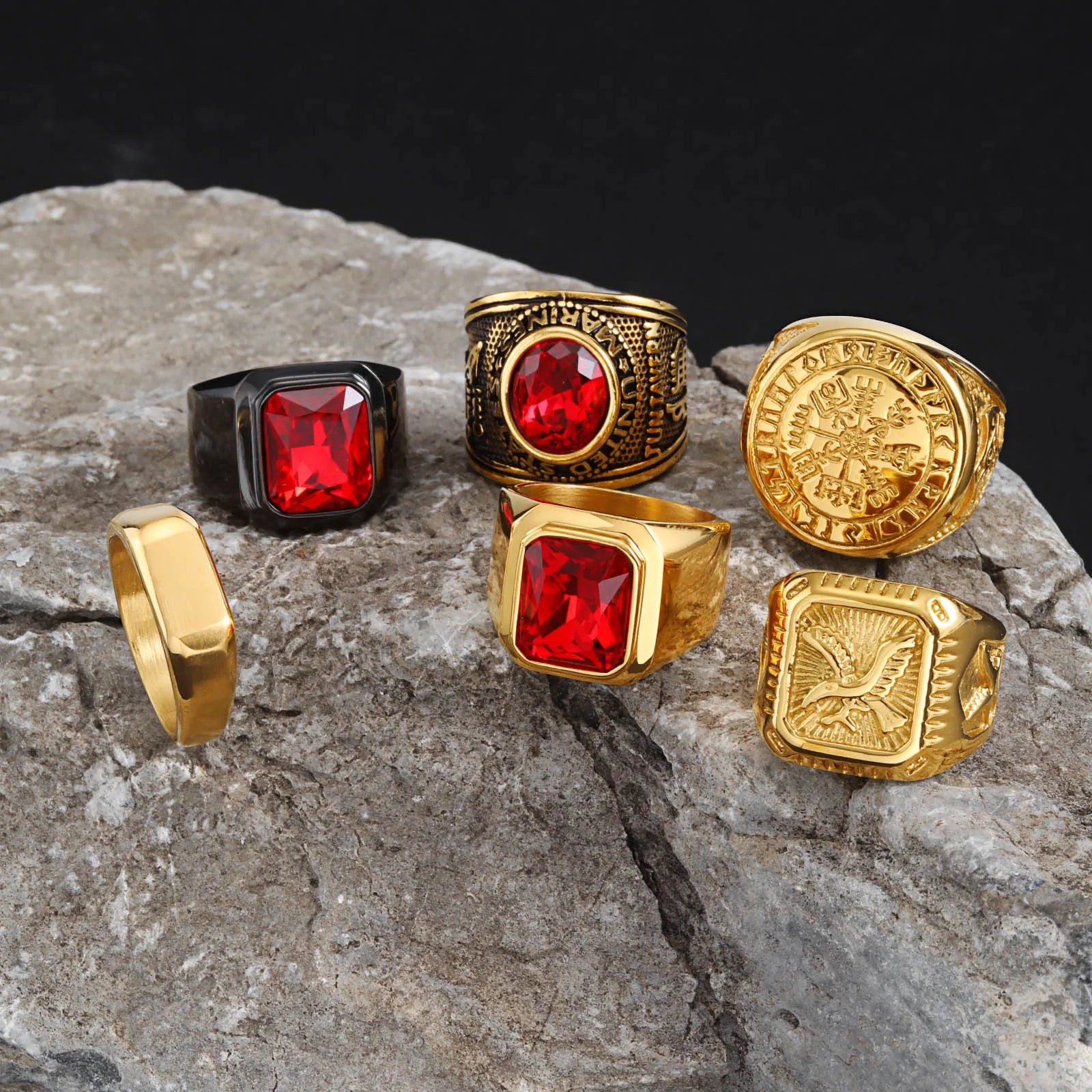 Vintage Punk Natural Red Stone Ring for Men, Gold Plated Stainless Steel Chunky Signet Ring, High Quality Fashion Jewelry Gift