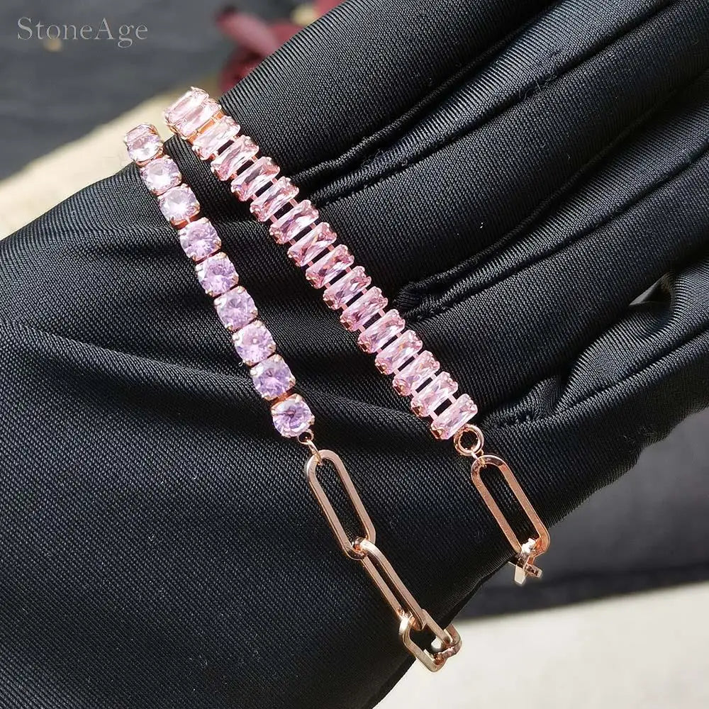 Pink Crystal Tennis Bracelets for Women Female Trend Romantic Shiny Zirconia Adjustable Folding Buckle Chain on Hand Jewelry