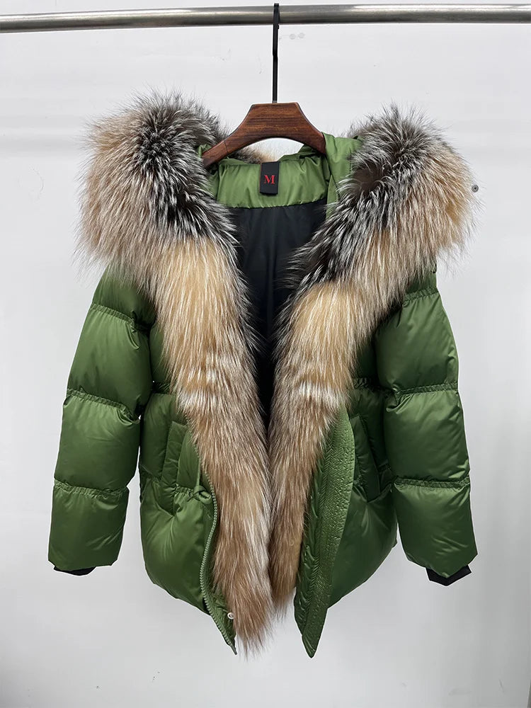Winter Real Fox Fur Collar Hooded Thick Goose Down Jacket Natural Coat Women Female Outwear Luxury Warm Russia Puffer Jackets