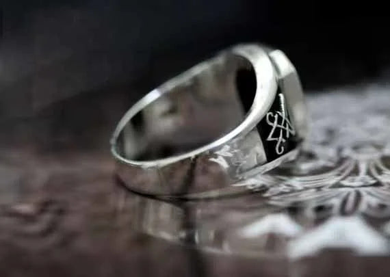 Vintage Gothic Lucifer Seal of Satan Signet Rings Punk Stainless Steel Seal Rings With Black Stone Pagan Jewelry Party Man Gift