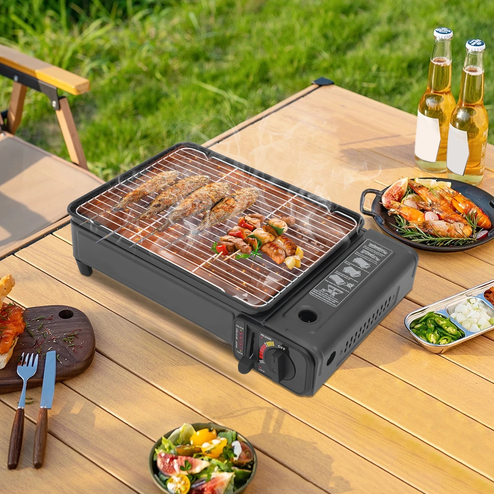 Gas Barbecue Grill, Butane LPG Stove 2.2KW Power, Camping Gas Stove Tabletop with Grilling Nets, Double-row Firepower Tubes