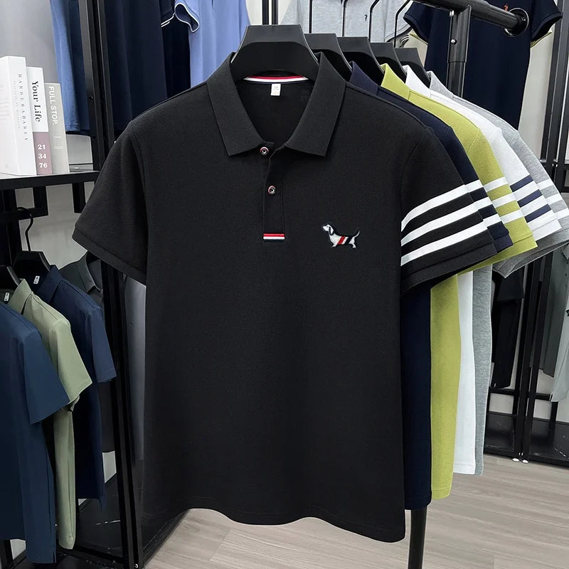 luxury brand men's high quality short sleeves polo shirt lapel embroidery puppy cuff stripe t-shirt business leisure men's wear