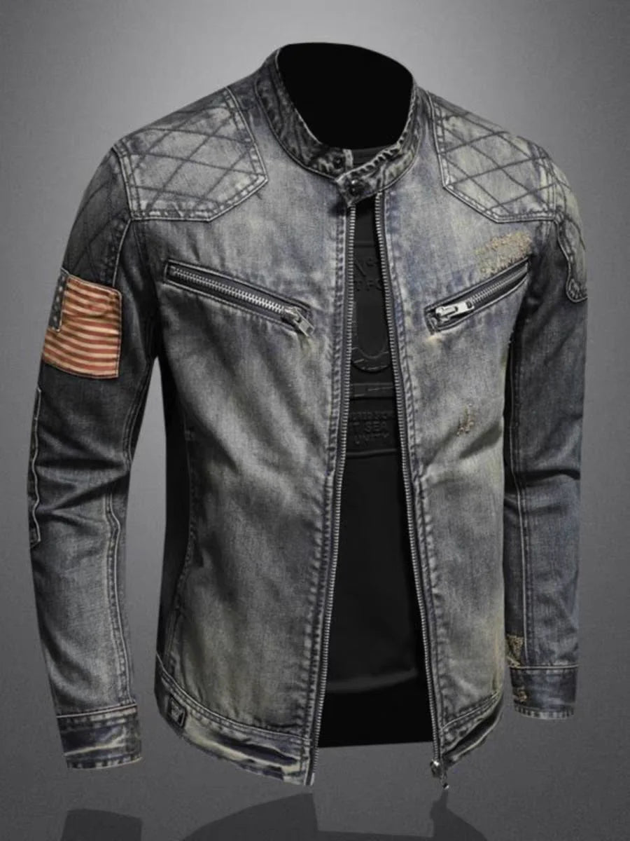 2024 new men's denim jacket trendy retro fashion casual stand-up collar zipper jacket handsome riding biker clothing denim tops