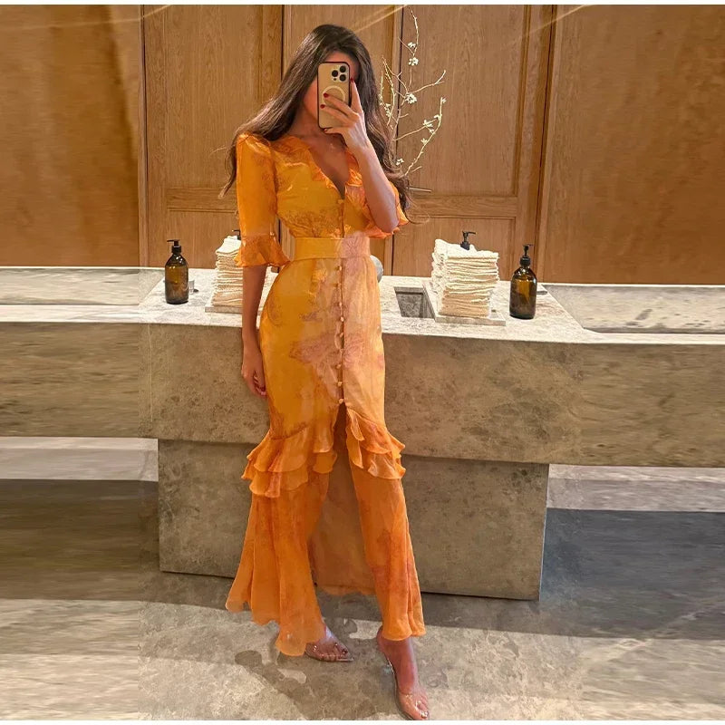 Fashion Organza Floral Printed Maxi Dress V-Neck Puff Sleeve 2026 Spring/Summer Romantic Women Party Gown Elegant Lady Vestido