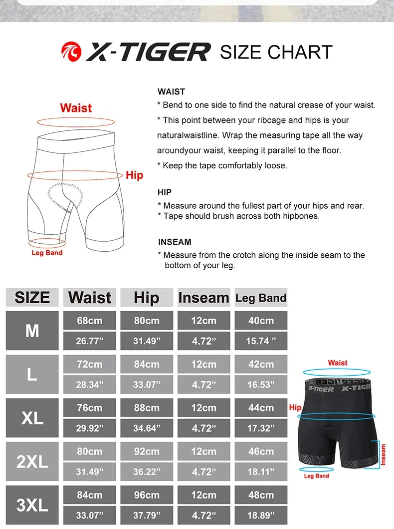 X-TIGER Cycling Underwear Men's Shorts 5D Padded Breathable Sports Riding Bike Bicycle MTB Liner Shorts with Anti-Slip Leg Grips