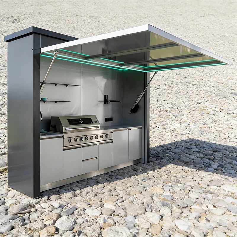 Customized outdoor kitchen in black appearance, affordable cost and stainless steel canopy included