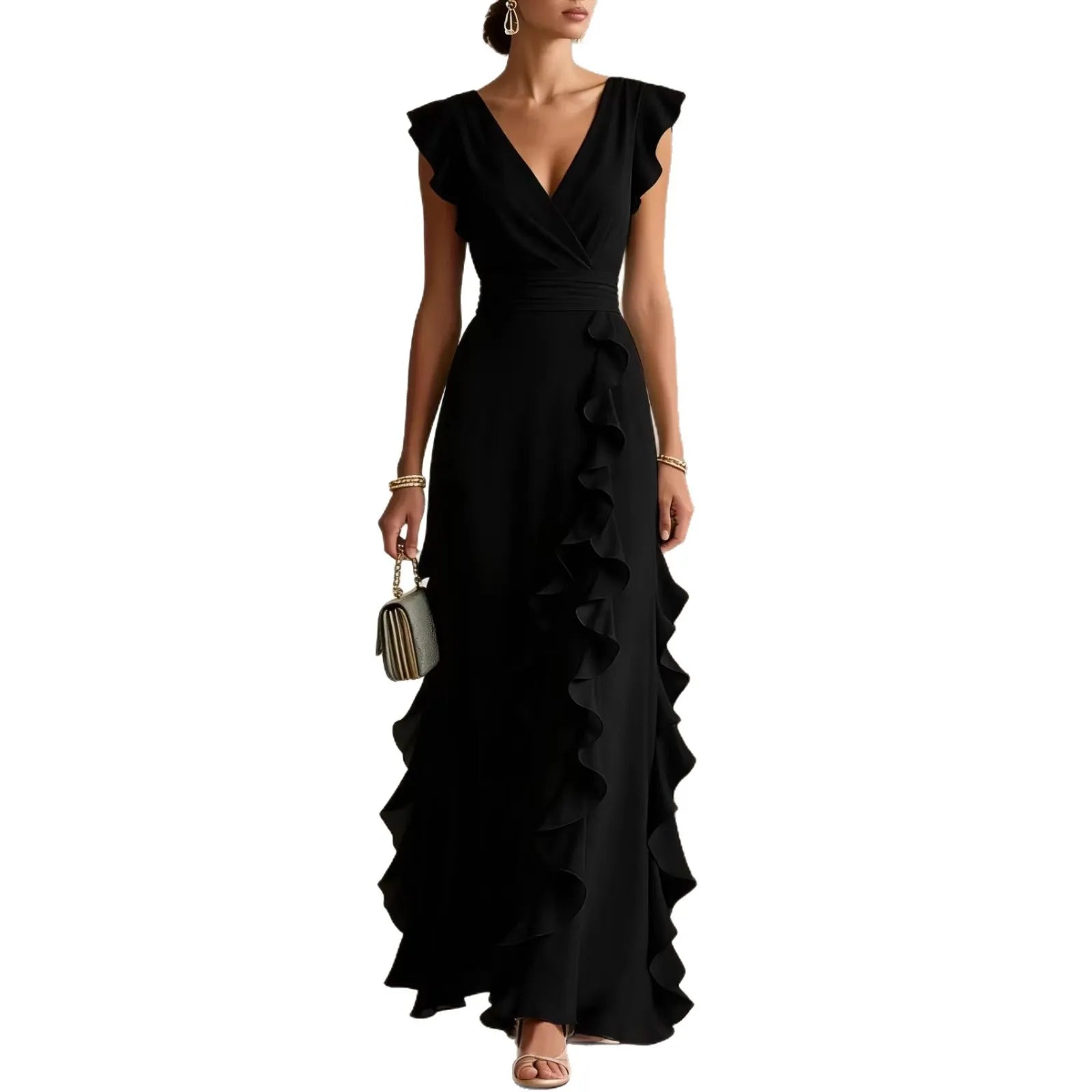Ruffled Short V-Neck Long Dress Umbrella Skirt Feifei Sleeve For Womem
