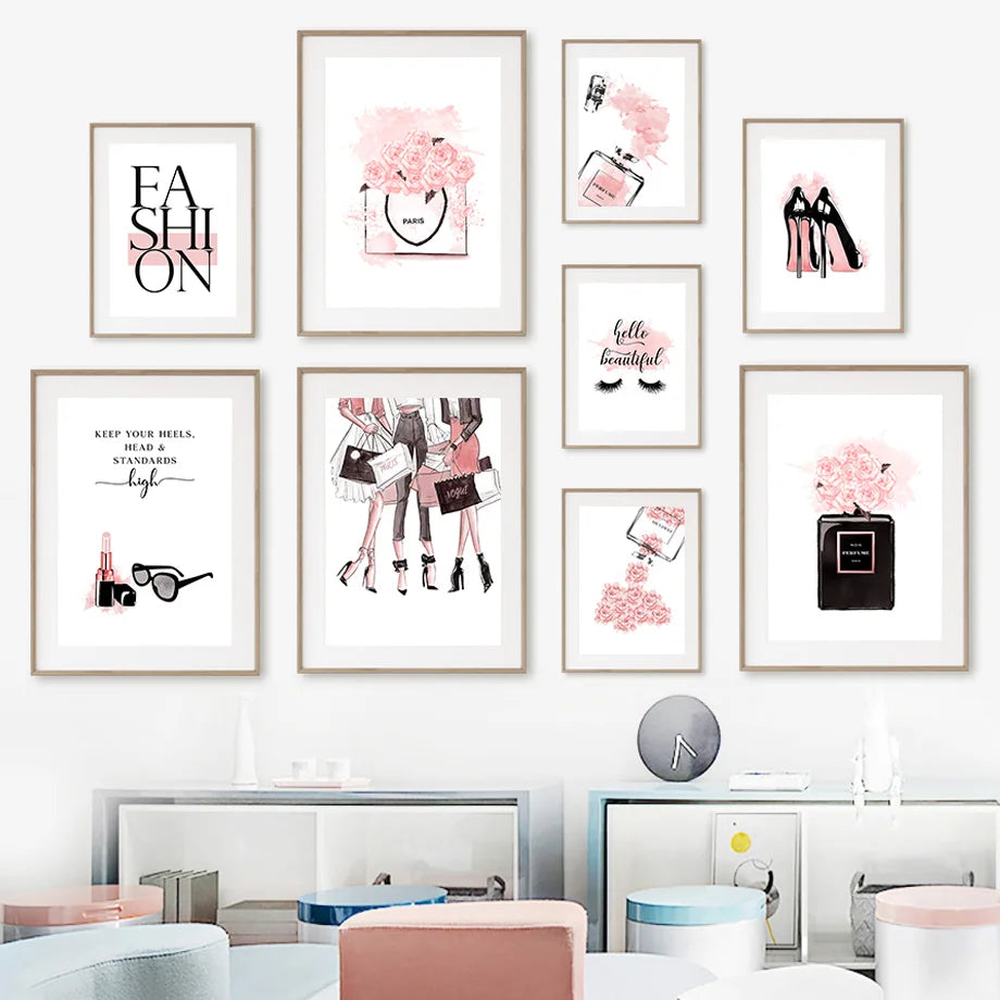 Fashion Wall Art Prints Pink Glam Perfume Diamond Poster Chic Inspirational Quotes Teen Vanity Room Dorm Walk in Closet Decor