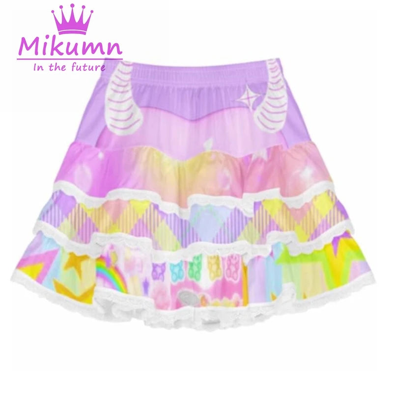Harajuku Y2K White Blue Purple Lace Cake Skirt Womem Japanese Elastic Waist Pleated Skirt Ball Gown Kawaii Lolita Mini Skirt