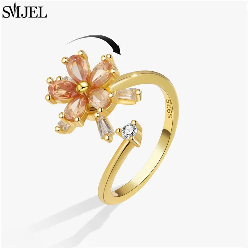 Ethnic Fashion Daisy Flower Anxiety Ring Adjustable Women Girls Worry Stress Relief Jewelry Spinning Fidget Rings Party Gifts