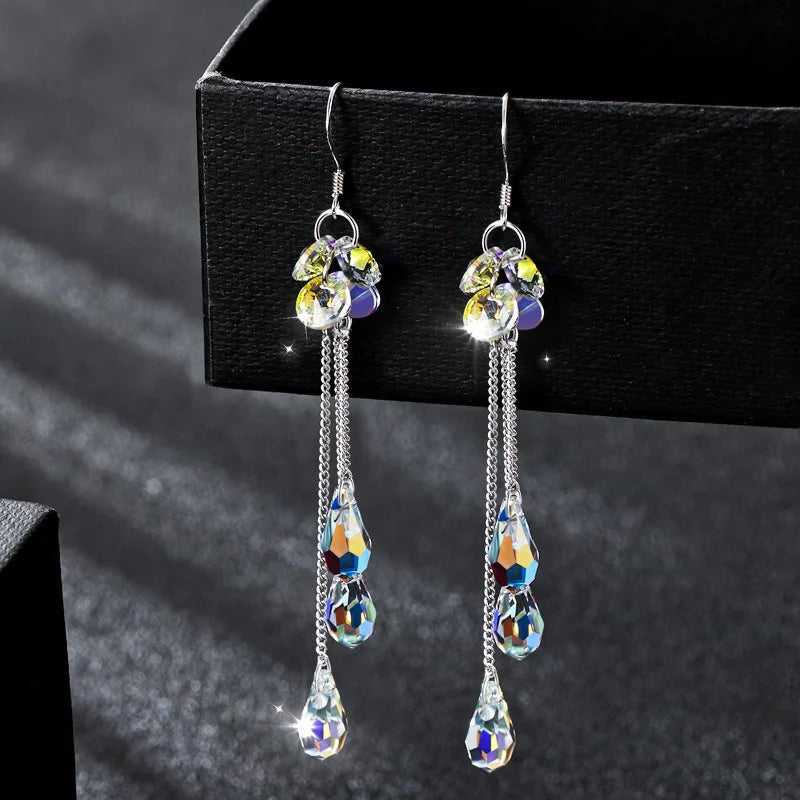 Shiny Crystal Zircon Long Stud Earrings for Women Geometric Hanging Drop Tassel Earring Fashion Party Vintage Pendant Jewelry