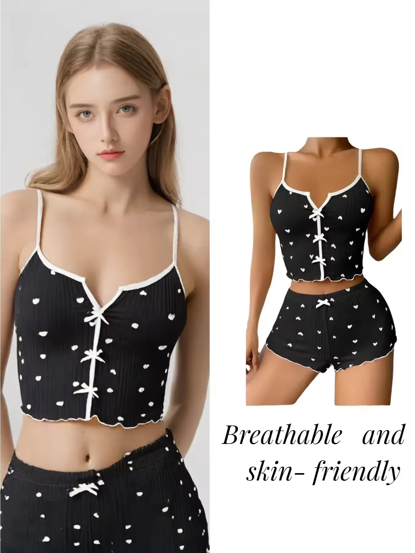 Sexy Sleepwear Women Pajamas Set Heart Print Silk Stain V-Neck Sleeveless Casual Cami Top and Shorts Sets Home Suit Loungewear