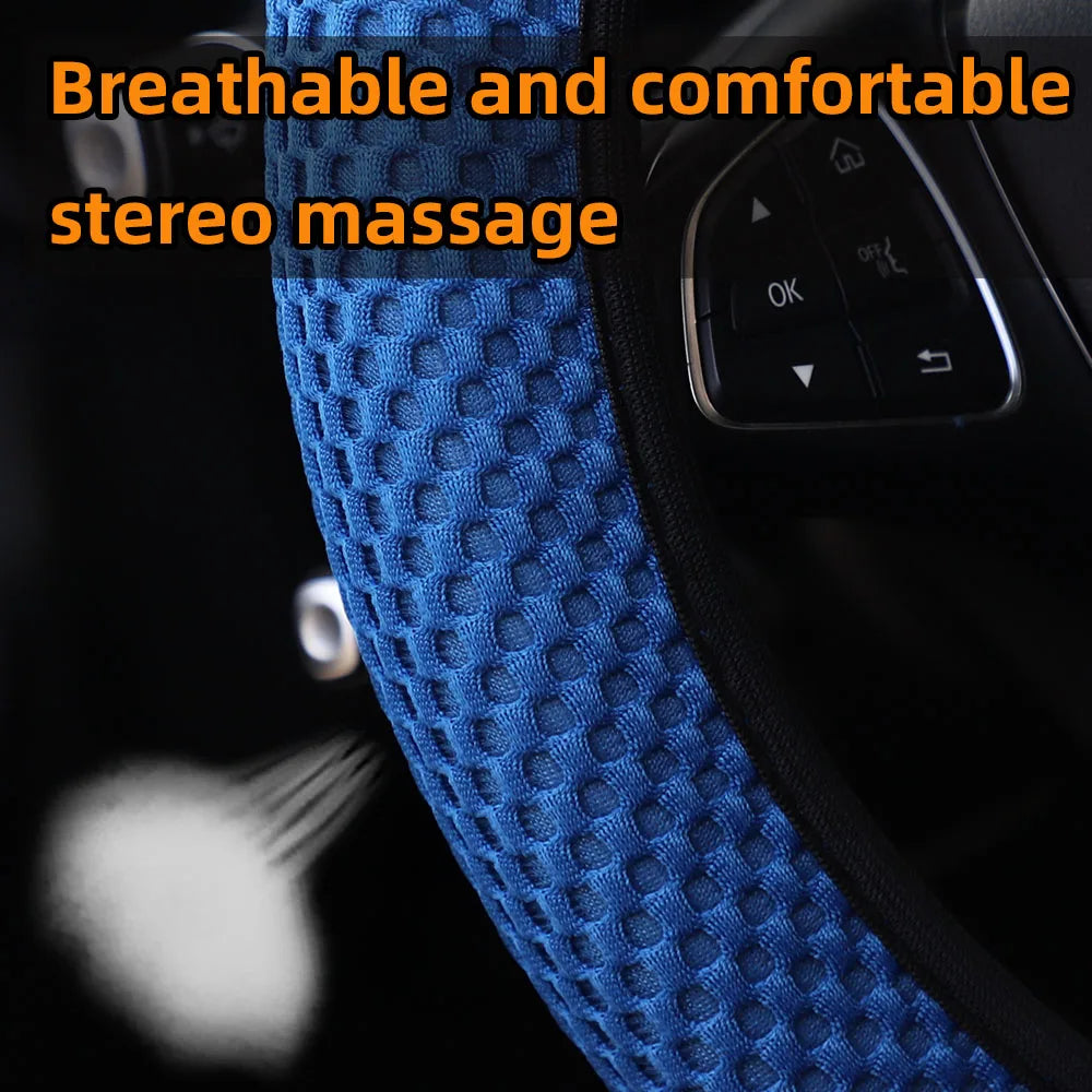 3 Car Massage Mesh Cloth Steering Wheel Cover Handbrake & Handle Cover Set Breathable No Inner Ring for 14.5-15 Inch Accessories