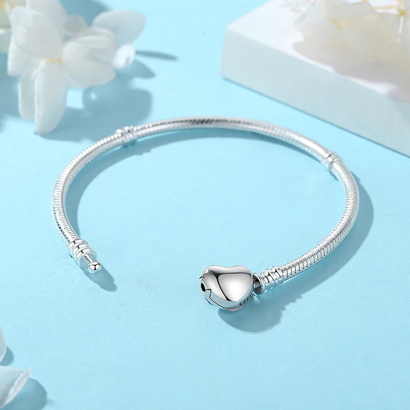 Original 925 Sterling Silver Bracelets Bangles Love Heart Clip Charms Beads Snake Chains For Women Rose Gold DIY Luxury Jewelry
